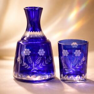 Vintage Bohemian Czech Cobalt Blue Cut to Clear  Etched Glass Tumble Up Set